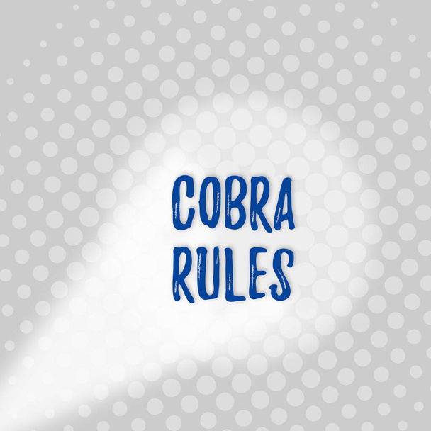 Text sign showing Cobra Rules. Conceptual photo continuing group health insurance coverage after a job loss Grey Tiny Circles Getting Smaller it Fades Centered Round Blank Rectangular. - Photo, Image