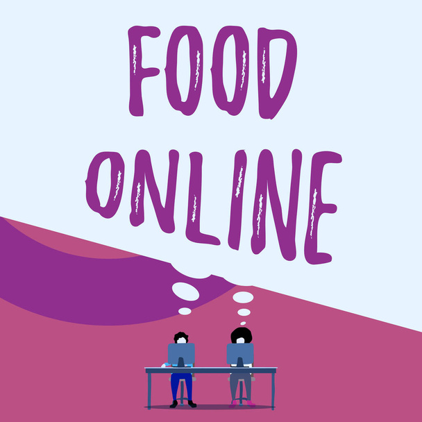 Handschrift tekst schrijven Food Online. Concept betekent meest handige manier voor klanten om voedsel online te kopen Twee mannen zitten achter een bureau elk een laptop delen van lege gedachte zeepbel. - Foto, afbeelding