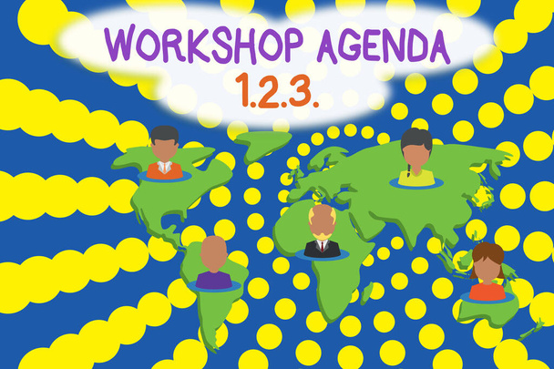 Slovo psaní textu Workshop Agenda 123. Obchodní koncept pro pomoc, aby se zajistilo, že akce setrvá na plánované připojení multietnických osob po celém světě. Global business earth map. - Fotografie, Obrázek