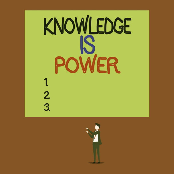 Handwriting text Knowledge Is Power. Concept meaning skills acquired through experience and education Isolated view young man standing pointing upwards two hands big rectangle. - Photo, Image