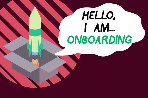 Γραφικό κείμενο που γράφει "Hello I 'm Onboarding". Έννοια σημαίνει λέγοντας ότι αποδεικνύετε ότι είστε στο πλοίο ή αεροπλάνο Πυρκαγιά εκτόξευσης κουτί από χαρτόνι πυραύλων. Εκκίνηση προγράμματος. Εμπνεύσεις καυσίμου. - Φωτογραφία, εικόνα