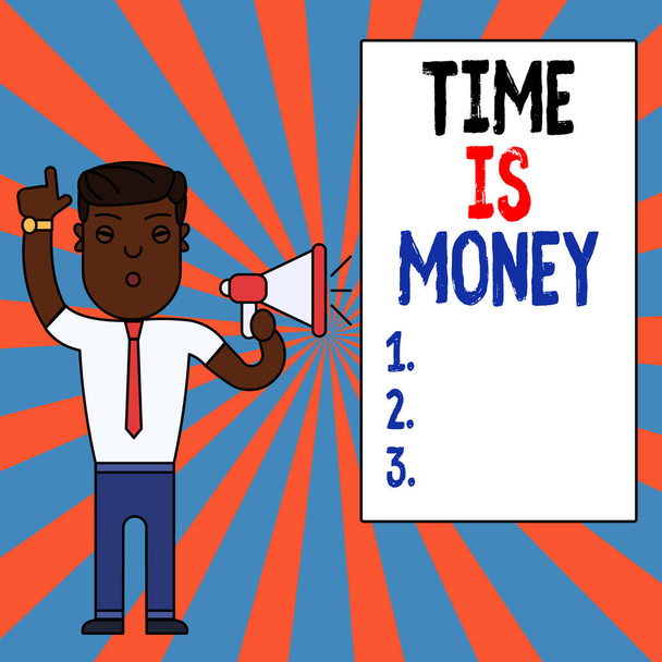 Text s nápisem Time Is Money. Konceptuální foto čas je cenný zdroj Dělat věci tak rychle, jak je to možné Muž stojící se zdviženým pravým indexem prst a mluvení do Megaphone. - Fotografie, Obrázek
