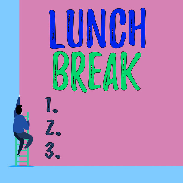 Handschrifttekst Lunch Break. Concept betekent tijd wanneer een demonstrant stopt met werken of studeren om te lunchen Achteraanzicht jongeman klimmend trap ladder ligt grote lege rechthoek. - Foto, afbeelding