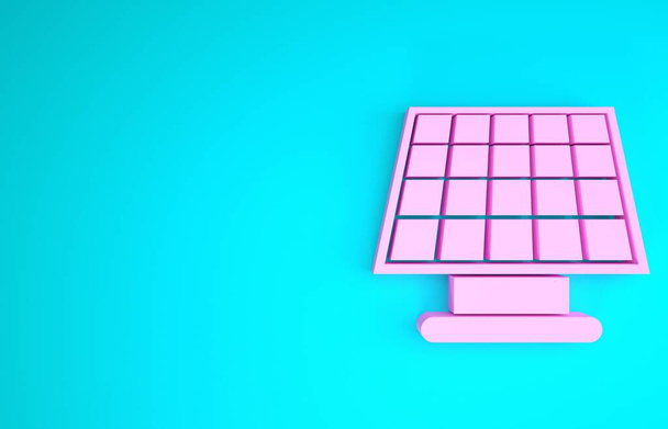 Różowa ikona panelu energii słonecznej izolowana na niebieskim tle. Koncepcja minimalizmu. Ilustracja 3D 3D renderowania - Zdjęcie, obraz