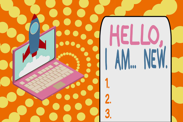 Word írás szöveg Hello I Am New. Üzleti koncepció a csoportos bemutatkozáshoz friss munkásként vagy diákként Rakéta felhőket indít laptop háttér. Indítási projekt növekszik. Seo!. - Fotó, kép