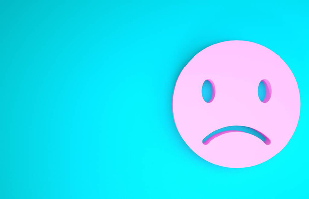 Icono de sonrisa triste rosa aislado sobre fondo azul. Cara de emoticono. Concepto minimalista. 3D ilustración 3D render
 - Foto, imagen