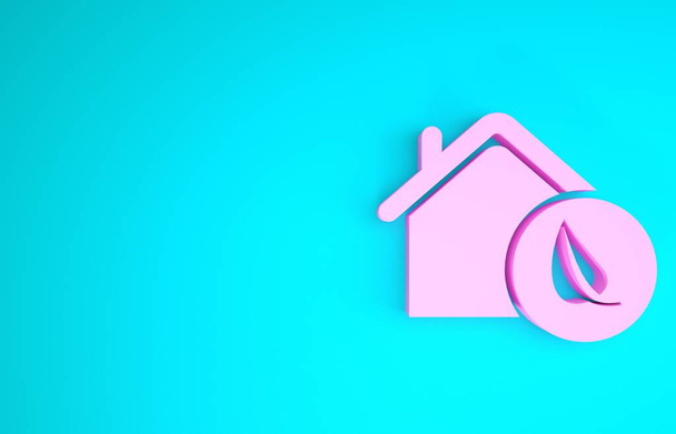 Rosa Eco icono de la casa amigable aislado sobre fondo azul. Eco casa con hoja. Concepto minimalista. 3D ilustración 3D render - Foto, imagen