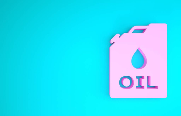 Różowy plastikowy kanister do ikony oleju silnikowego izolowany na niebieskim tle. Galon ropy. Usługa wymiany oleju i naprawy. Znak oleju silnikowego. Koncepcja minimalizmu. Ilustracja 3d - Zdjęcie, obraz