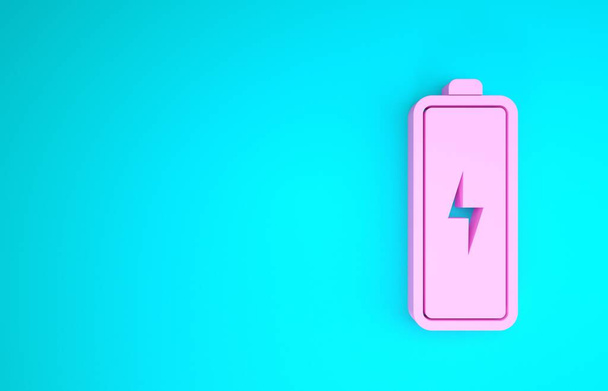 ピンクのバッテリーアイコンは青の背景に隔離されています。稲妻のシンボル。最小限の概念。3Dイラスト3Dレンダリング - 写真・画像