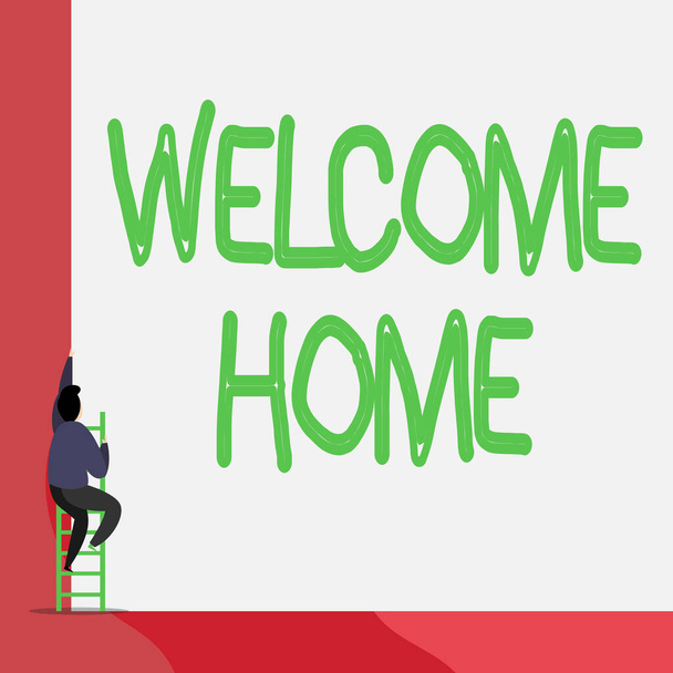 Text sign showing Welcome Home. Conceptual photo a reception usually celebrate the return home of a demonstrating Back view young man climbing up staircase ladder lying big blank rectangle. - Fotoğraf, Görsel