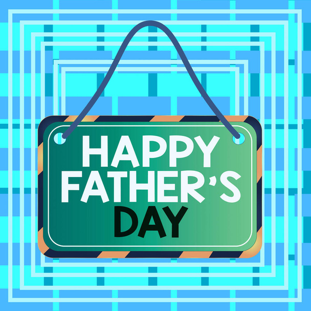 Text sign showing Happy Father S Day. Conceptual photo time of year to celebrate fathers all over the world Board attached string color black yellow frame empty blank rectangle shape. - 写真・画像