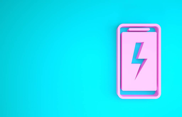 Różowy Smartphone ładowania ikona baterii izolowane na niebieskim tle. Telefon z niskim naładowaniem akumulatora. Koncepcja minimalizmu. Ilustracja 3D 3D renderowania - Zdjęcie, obraz