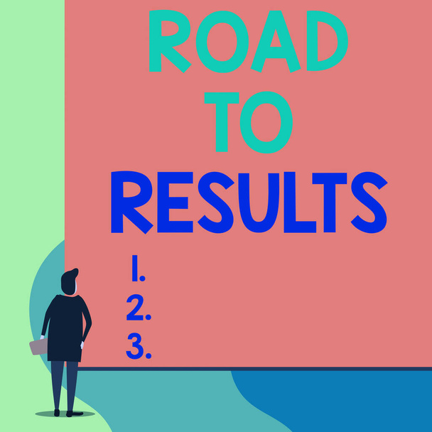 Writing note showing Road To Results. Business photo showcasing Business direction Path Result Achievements Goals Progress Back view young woman watching blank big rectangle. - Photo, Image