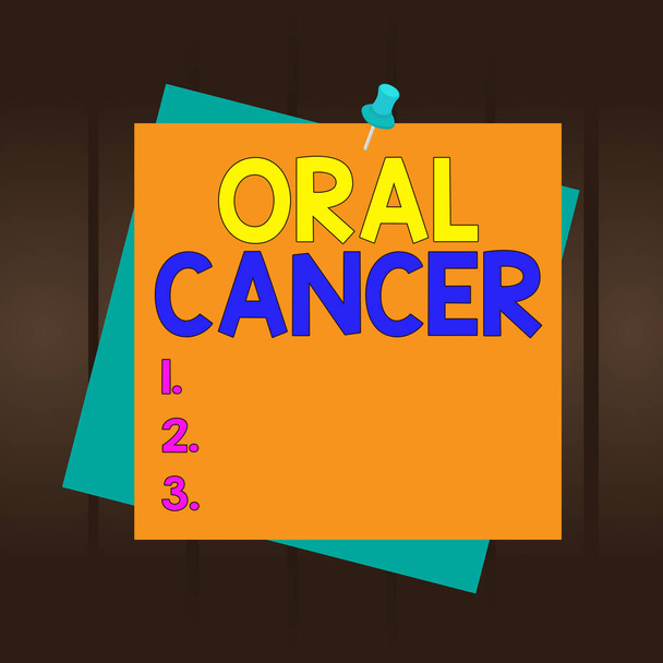 Γράμμα που δείχνει καρκίνο του στόματος. Επαγγελματική φωτογραφία που δείχνει τον καρκίνο του βλεννογόνου του στόματος χειλιών ή του άνω λαιμού Υπενθύμιση χρώματος φόντο πινέζα σημείωμα τετράγωνο. - Φωτογραφία, εικόνα