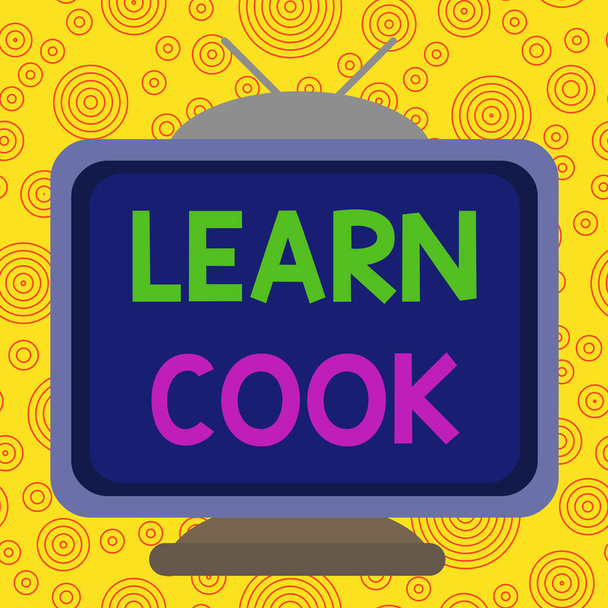 Szöveges jel mutatja Tanulj meg főzni. Fogalmi fotózás ismeretszerzés vagy ismeretek elsajátítása a kulináris vagy élelmiszer tér téglalap régi színes festészet televízió kép fa design. - Fotó, kép