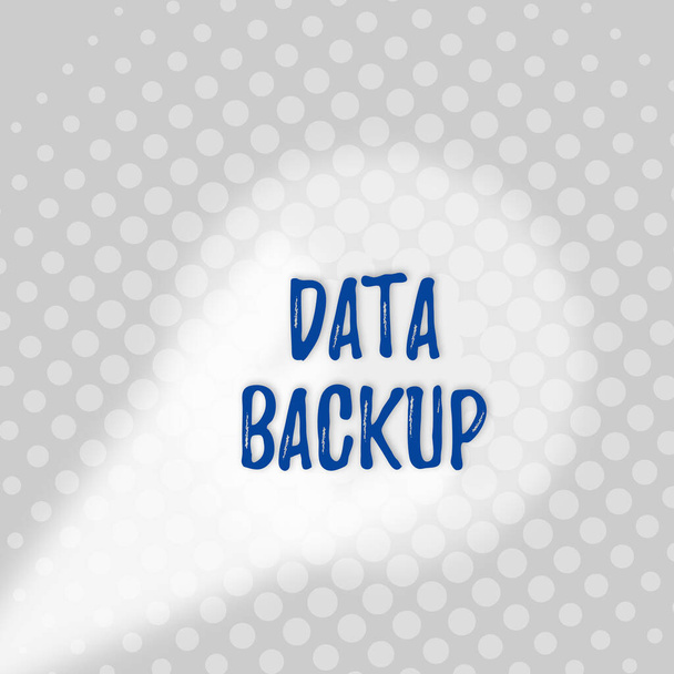 Text sign showing Data Backup. Conceptual photo copy of important data that is stored on an alternative location Grey Tiny Circles Getting Smaller it Fades Centered Round Blank Rectangular. - Photo, Image