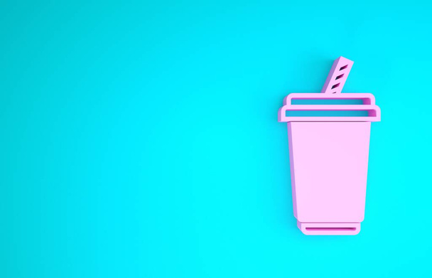 Vetro rosa con icona dell'acqua isolata su sfondo blu. Bicchiere da bibita con cannuccia. Simbolo della bevanda fresca fredda. Concetto minimalista. Illustrazione 3d rendering 3D
 - Foto, immagini