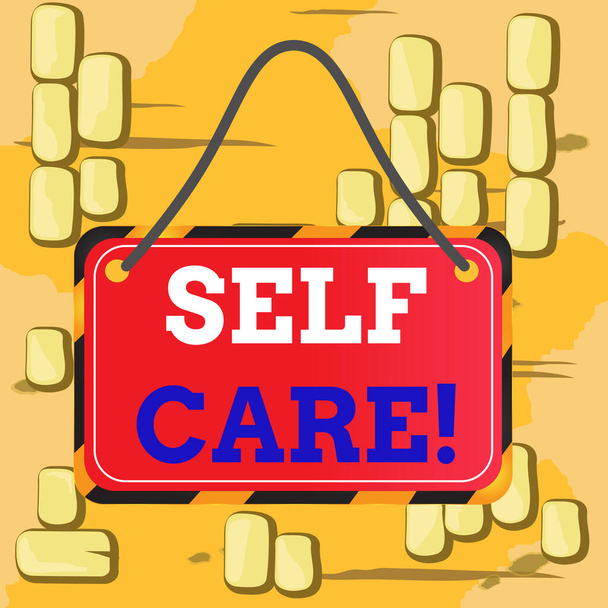Word writing text Self Care. Business concept for the practice of taking action to improve one s is own health Board attached string color black yellow frame empty blank rectangle shape. - Photo, Image