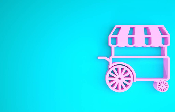 Carro de comida rápida rosa con icono de toldo aislado sobre fondo azul. Quiosco urbano. Concepto minimalista. 3D ilustración 3D render
 - Foto, Imagen