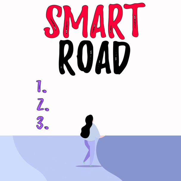 Conceptual hand writing showing Smart Road. Business photo text number of different ways technologies are incorporated into roads Back view young long hair woman holding blank square announcement. - 写真・画像