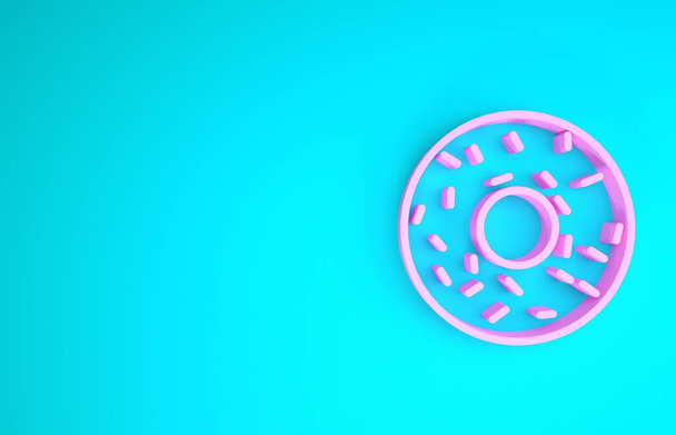 Pink Donut with sweet glaze icon isolated on blue background. Minimalism concept. 3d illustration 3D render - Photo, Image