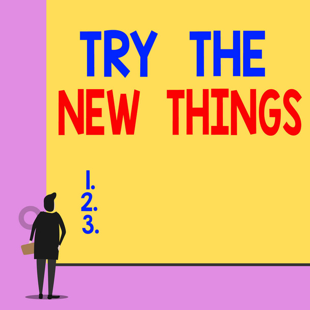 Text sign showing Try The New Things. Conceptual photo Breaks up Life Routine Learn some Innovative Skills Back view young woman watching blank big rectangle. Geometrical background. - 写真・画像