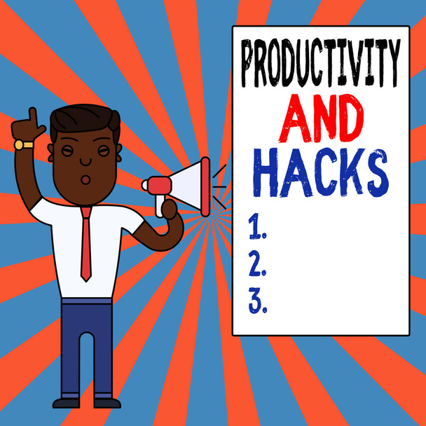 Text sign showing Productivity Hacks. Conceptual photo tricks that you get more done in the same amount of time Man Standing with Raised Right Index Finger and Speaking into Megaphone. - Photo, Image