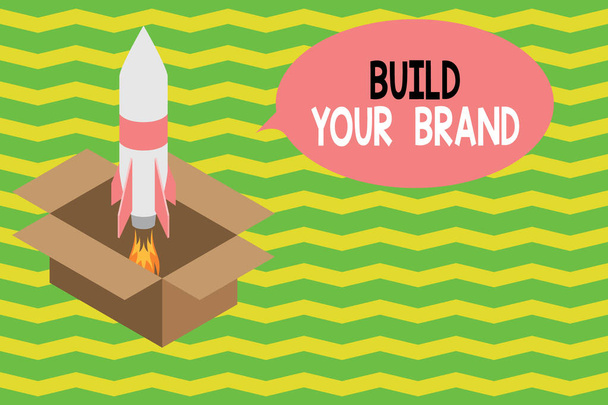 Szövegírás Build Your Brand. Üzleti koncepció Make a commercial identity Marketing Advertisement Tűz indítása rakéta karton doboz. Indítom a projektet. Üzemanyag-inspiráció. - Fotó, kép