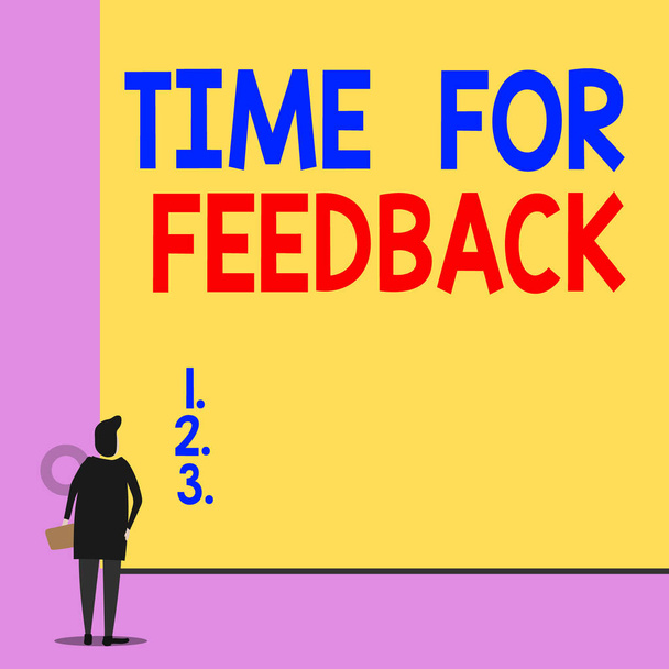 Text sign showing Time For Feedback. Conceptual photo Need to response or give critic on something Evaluation Back view young woman watching blank big rectangle. Geometrical background. - Photo, Image
