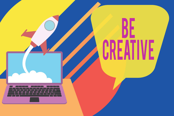 Word writing text Be Creative. Business concept for involving the use of the imagination to create something Successful rocket launching clouds out laptop background. Startup growing. - Φωτογραφία, εικόνα
