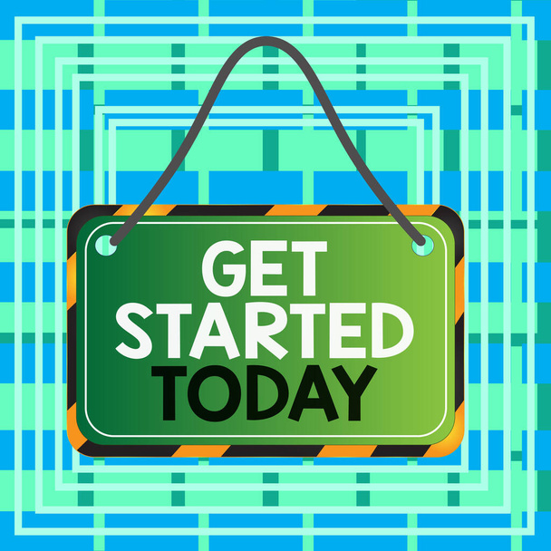 Text sign showing Get Started Today. Conceptual photo lets do it Dont hesitate Now or never Get going No delay Board attached string color black yellow frame empty blank rectangle shape. - Photo, Image