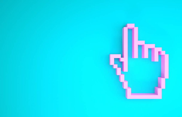 青の背景に隔離されたピンクのピクセルハンドカーソルアイコン。手のカーソルをポインタします。最小限の概念。3Dイラスト3Dレンダリング - 写真・画像