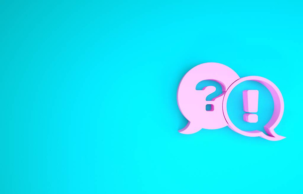 Burbujas de habla rosa con icono de pregunta y exclamación aislado sobre fondo azul. Signo FAQ. Copia archivos, charla burbuja de voz y gráfico. Concepto minimalista. 3D ilustración 3D render
 - Foto, Imagen