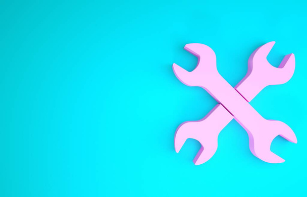 Pink Crossed wrenchs icon isolated on blue background. Spanner repair tool. Service tool symbol. Minimalism concept. 3d illustration 3D render - 写真・画像