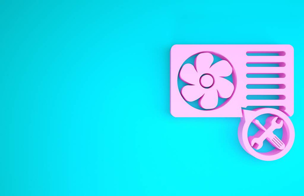 Aire acondicionado rosa con destornillador e icono de la llave inglesa aislado sobre fondo azul. Ajuste, servicio, ajuste, mantenimiento, reparación, fijación. Concepto minimalista. 3D ilustración 3D render
 - Foto, Imagen