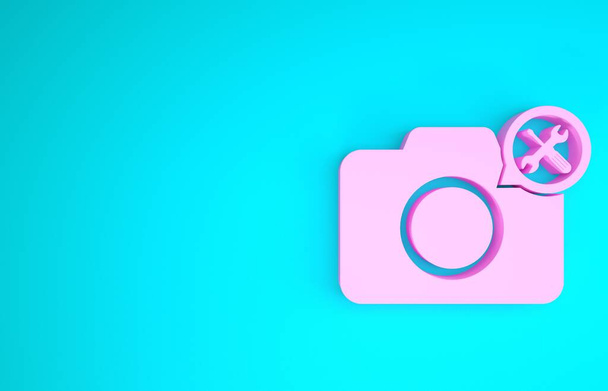 Pink Photo camera with screwdriver and wrench icon isolated on blue background. Adjusting, service, setting, maintenance, repair, fixing. Minimalism concept. 3d illustration 3D render - Photo, Image