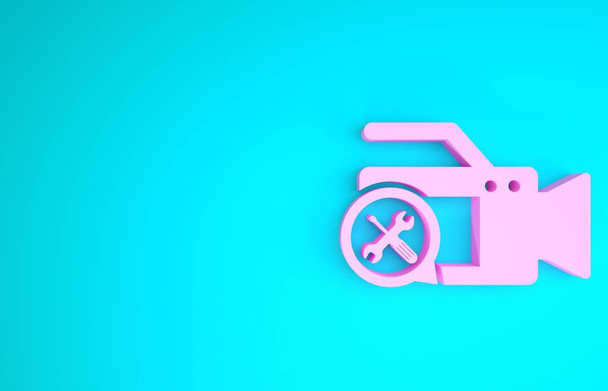 Pink Video camera with screwdriver and wrench icon isolated on blue background. Adjusting, service, setting, maintenance, repair, fixing. Minimalism concept. 3d illustration 3D render - Photo, Image