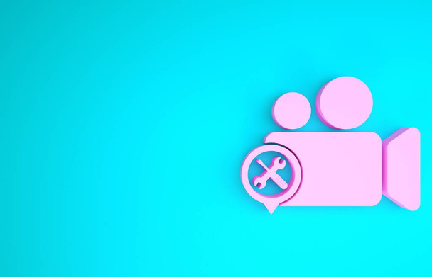 rosa Videokamera mit Schraubenzieher und Schraubenschlüssel-Symbol isoliert auf blauem Hintergrund. Anpassung, Service, Einstellung, Wartung, Reparatur, Reparatur. Minimalismus-Konzept. 3D Illustration 3D Renderer - Foto, Bild