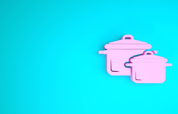 Піктограма горщика для приготування їжі рожевого кольору ізольована на синьому фоні. Відварювати або готувати їжу символ. Концепція мінімалізму. 3D ілюстрація 3D рендеринга
 - Фото, зображення