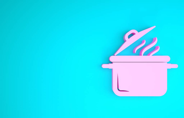 Піктограма горщика для приготування їжі рожевого кольору ізольована на синьому фоні. Відварювати або готувати їжу символ. Концепція мінімалізму. 3D ілюстрація 3D рендеринга
 - Фото, зображення