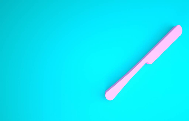 Ícone de faca rosa isolado no fundo azul. Símbolo de talheres. Conceito de minimalismo. 3D ilustração 3D render - Foto, Imagem