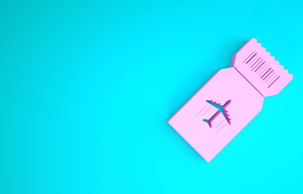 Pink Airline ticket icoon geïsoleerd op blauwe achtergrond. Vliegticket. Minimalisme concept. 3d illustratie 3D renderen - Foto, afbeelding