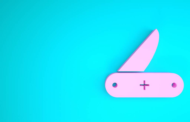 Icono de navaja suiza rosa aislado sobre fondo azul. Navaja multiusos y multiusos. Herramienta multifuncional. Concepto minimalista. 3D ilustración 3D render - Foto, imagen