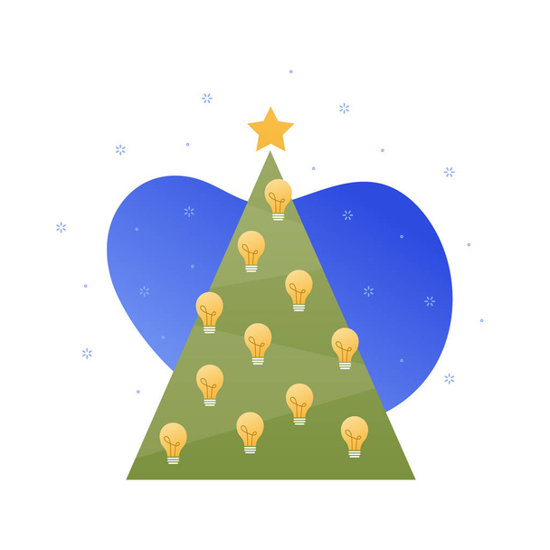 Vektorové ploché vánoční oslavy obchodní ilustrace. Zdobený strom s hvězdou a žárovka nápad symboly izolované na bílém pozadí. Vzdělávací koncept. Designový prvek pro banner, plakát, web - Vektor, obrázek