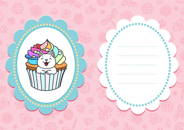 Cute retro card. Illustration of a kitten sitting in a rainbow cupcake on pink floral background. Some blank space for your text included. Vector 8 EPS - Vector, imagen