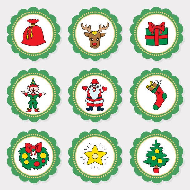 Christmas cupcake toppers. Set of cupcake toppers for christmas party with doodle illustrations of Santa, elf, christmas decorations, christmas tree ets. Vector 8 EPS. - Vector, Image