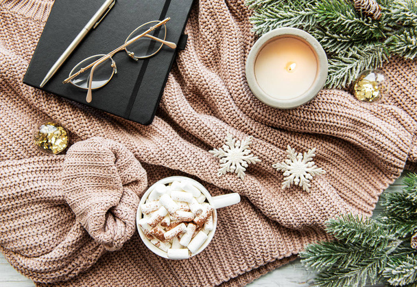 Christmas composition with cup of hot chocolate and decorations - Foto, imagen