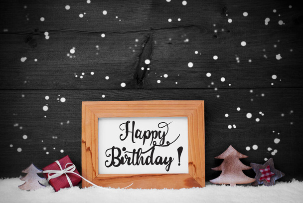 Frame, Gift, Tree, Snow, Snowflakes, Calligraphy Happy Birthday - Фото, изображение