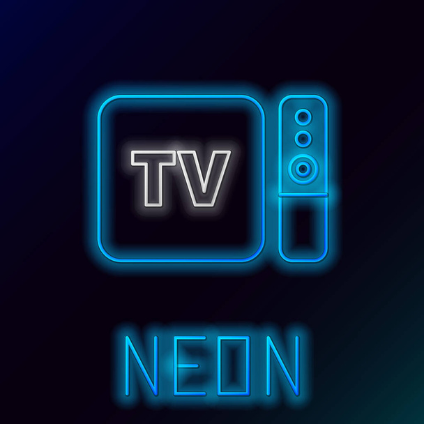 Blauwe gloeiende neon lijn Multimedia en TV box ontvanger en speler met afstandsbediening pictogram geïsoleerd op zwarte achtergrond. Kleurrijk concept. Vector Illustratie - Vector, afbeelding