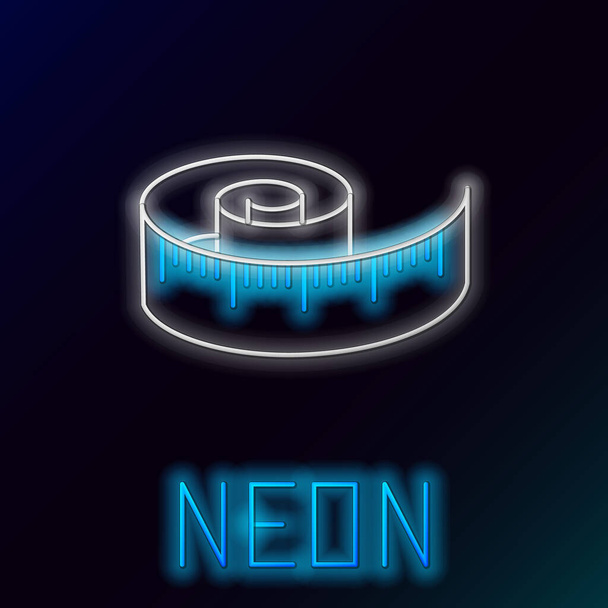 Blue glowing neon line Tape measure icon isolated on black background. Measuring tape. Colorful outline concept. Vector Illustration - ベクター画像